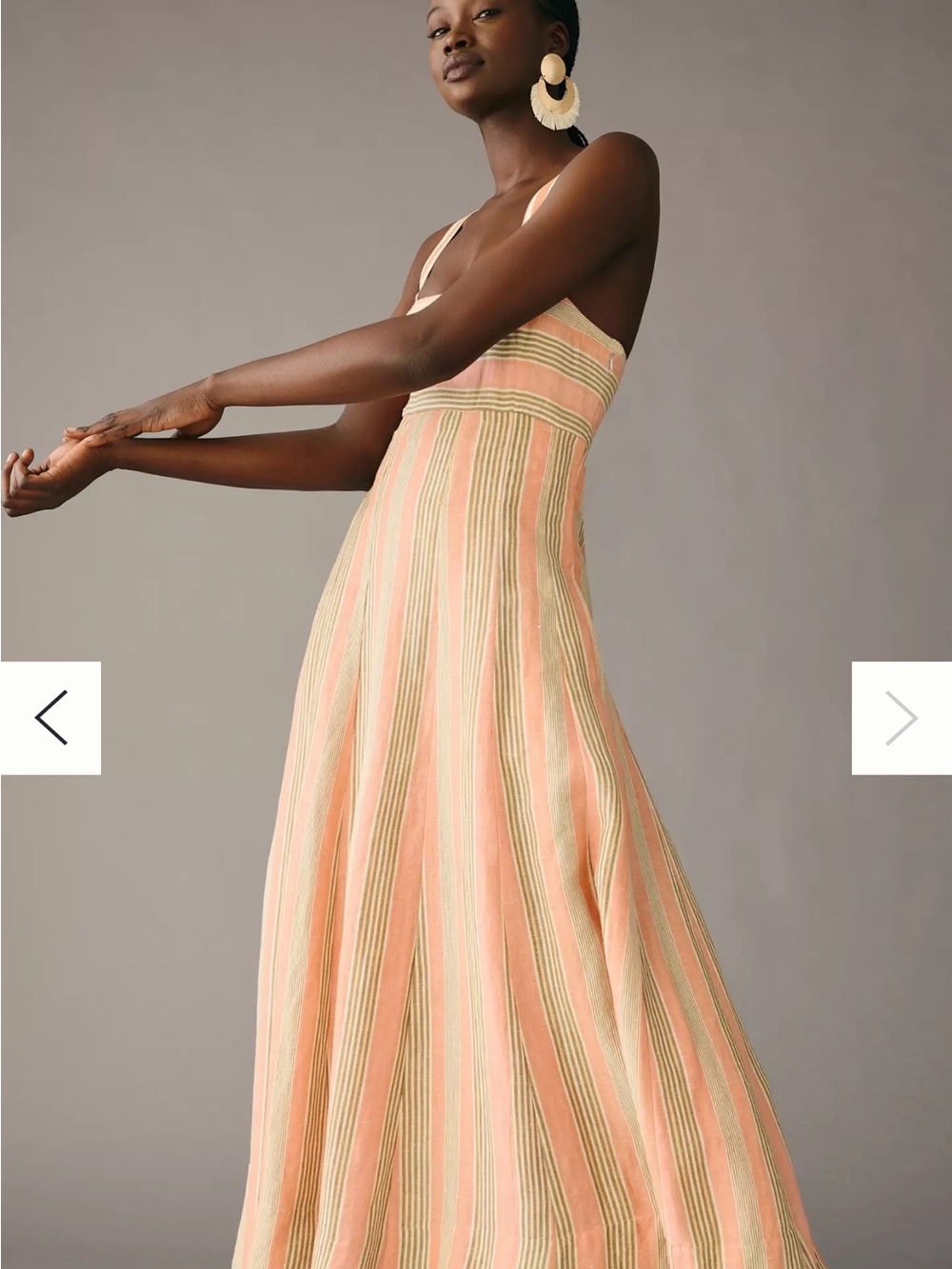 NWT Maeve Anthropologie Coral Striped Linen Blend Midi Dress Smocked Back 12